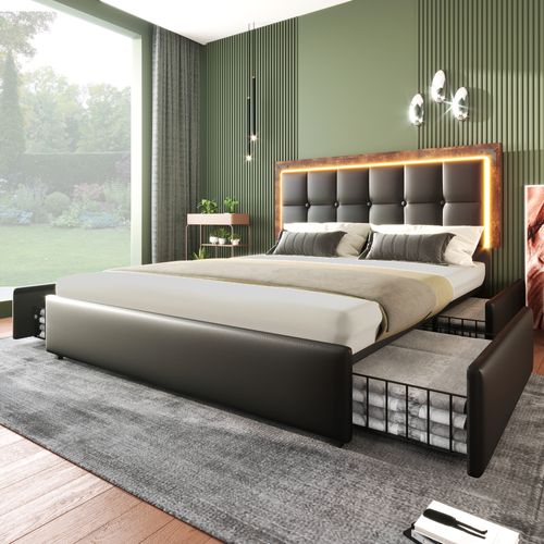 Lit 140x200cm Avec LED Et 4 Tiroirs Pu Noir