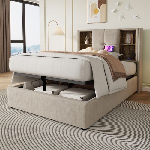 Lit Coffre 90x200cm Avec USB, Tête De Lit Avec 4 Étagères De Rangement Lin