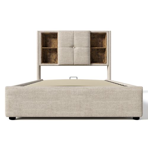 Lit Coffre 90x200cm Avec USB, Tête De Lit Avec 4 Étagères De Rangement Lin