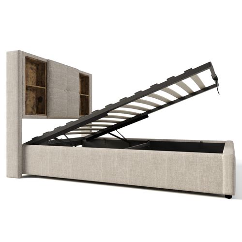 Lit Coffre 90x200cm Avec USB, Tête De Lit Avec 4 Étagères De Rangement Lin