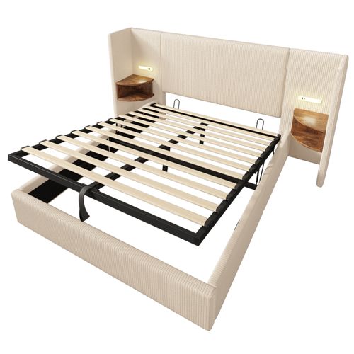 Lit Coffre 160x200cm Avec Table De Chevet, Une Lampe De Lecture Et USB Velours Côtelé Beige
