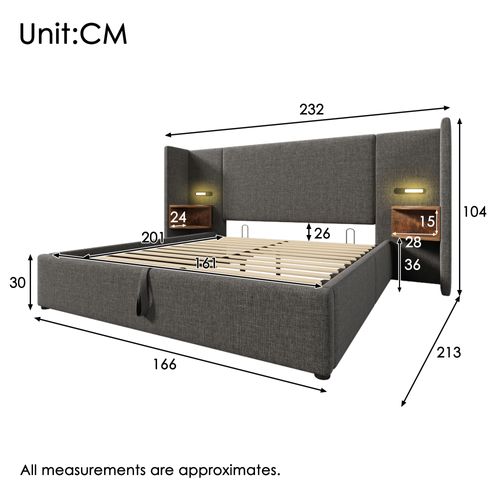 Lit Coffre 160x200cm Avec Table De Chevet, Une Lampe De Lecture Et USB Lin Gris