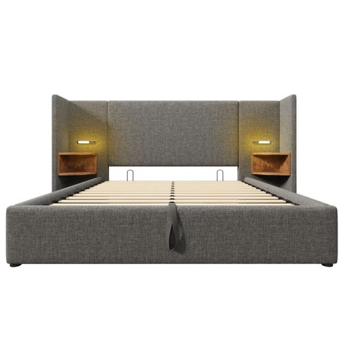 Lit Coffre 160x200cm Avec Table De Chevet, Une Lampe De Lecture Et USB Lin Gris