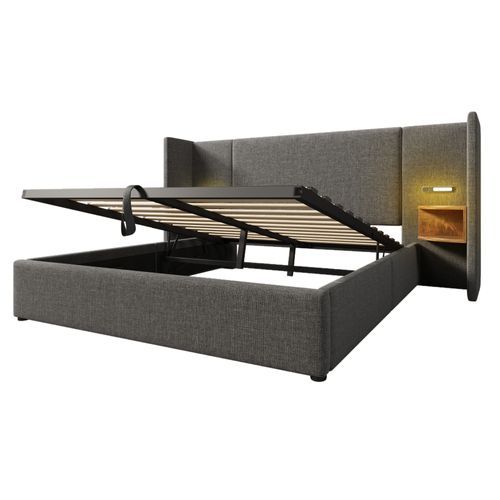 Lit Coffre 160x200cm Avec Table De Chevet, Une Lampe De Lecture Et USB Lin Gris