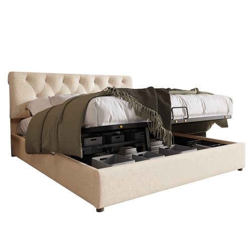 Lit Coffre 140x200cm Avec Tête De Lit Réglable Lin Beige