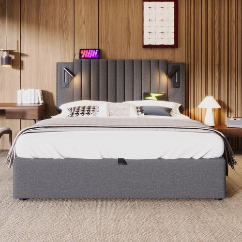 Lit Coffre 160x200cm Avec Port USB Et 2 Lampes De Lecture Gris