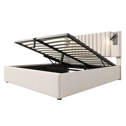 Lit Coffre 180x200cm Avec Port USB Et 2 Lampes De Lecture Beige