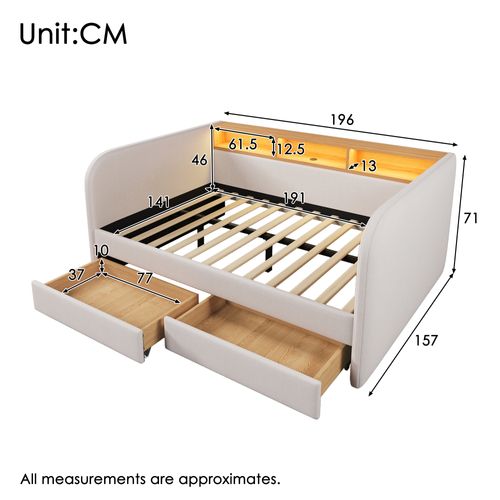 Lit 140x190 Cm Avec LED, USB, 2 Tiroirs Et 3 Niches Lin Beige