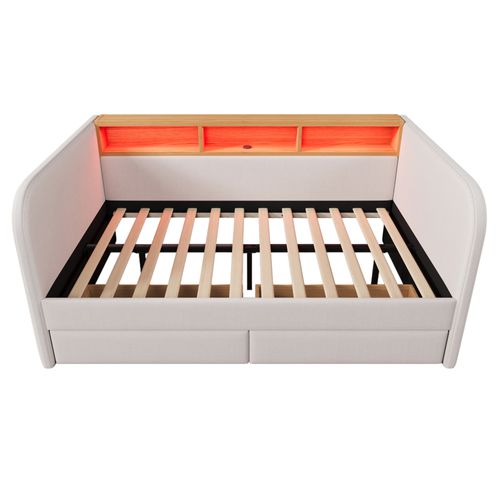 Lit 140x190 Cm Avec LED, USB, 2 Tiroirs Et 3 Niches Lin Beige