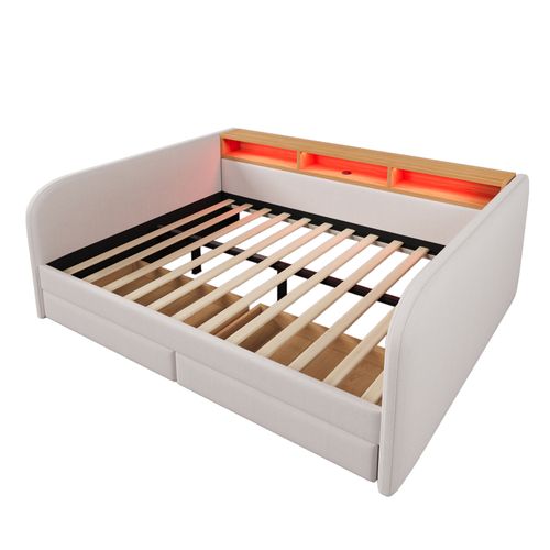 Lit 140x190 Cm Avec LED, USB, 2 Tiroirs Et 3 Niches Lin Beige