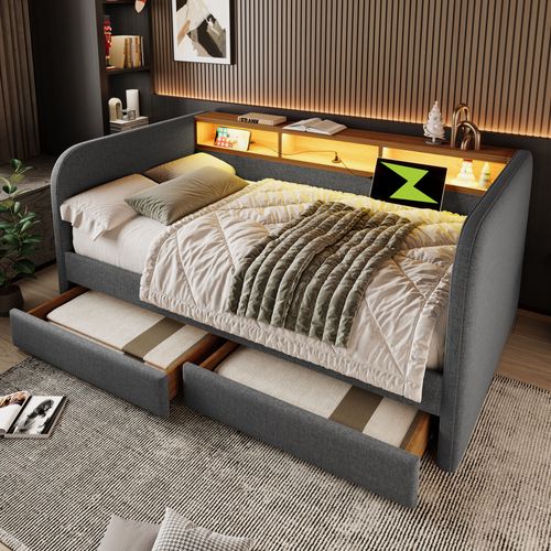 Lit 140x190 Cm Avec LED, USB, 2 Tiroirs Et 3 Niches Lin Gris