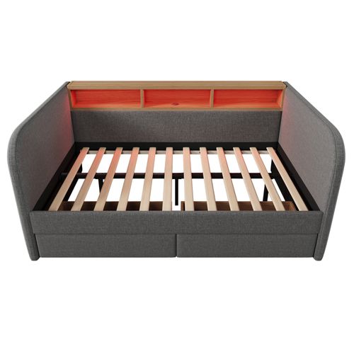 Lit 140x190 Cm Avec LED, USB, 2 Tiroirs Et 3 Niches Lin Gris