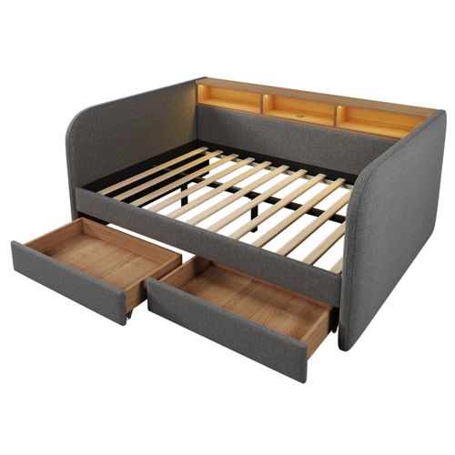 Lit 140x190 Cm Avec LED, USB, 2 Tiroirs Et 3 Niches Lin Gris