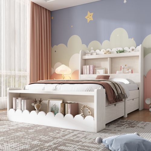 Lit Enfant 90x190 Cm Avec 2 Tiroirs, Étagères Et Tabourets De Rangement
