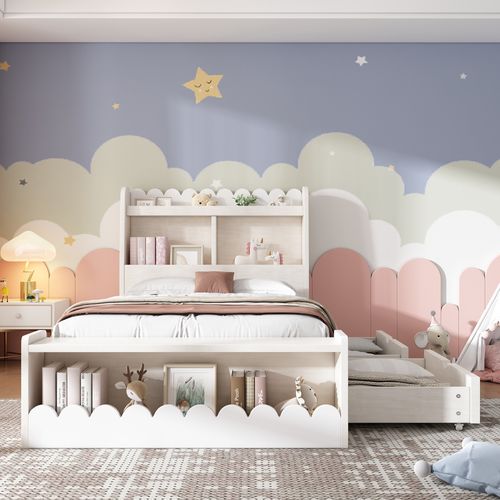 Lit Enfant 90x200 Cm Avec 2 Tiroirs, Étagères Et Tabourets De Rangement