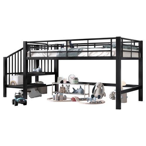 Lit Mezzanine 90x200cm Avec Barrière Et Escalier Métal Noir