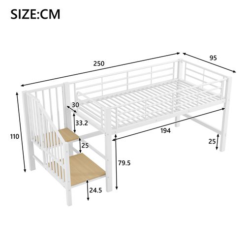 Lit Mezzanine 90x200cm Avec Barrière Et Escalier Métal Blanc