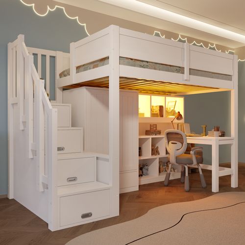 Lit Mezzanine 90x200cm Avec LED, 4 Escaliers De Rangement, Bureau, Armoire Et Étagères Blanc