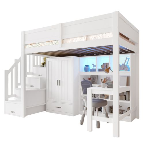 Lit Mezzanine 90x200cm Avec LED, 4 Escaliers De Rangement, Bureau, Armoire Et Étagères Blanc