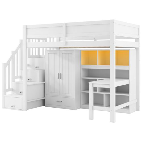 Lit Mezzanine 90x200cm Avec LED, 4 Escaliers De Rangement, Bureau, Armoire Et Étagères Blanc