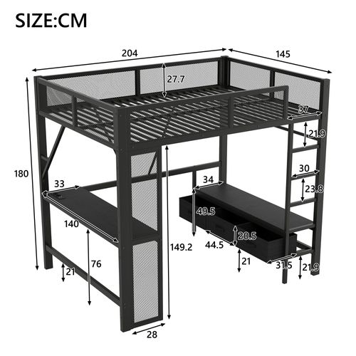 Lit Mezzanine 140 X 200 Cmavec Éclairage LED, Ports USB, Bureau, 3 Tiroirs Et Espace Penderie Noir