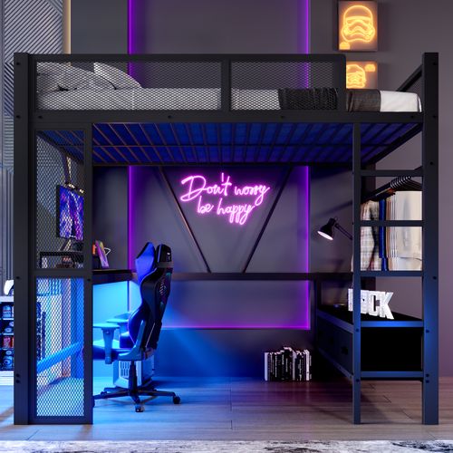 Lit Mezzanine 140 X 200 Cmavec Éclairage LED, Ports USB, Bureau, 3 Tiroirs Et Espace Penderie Noir