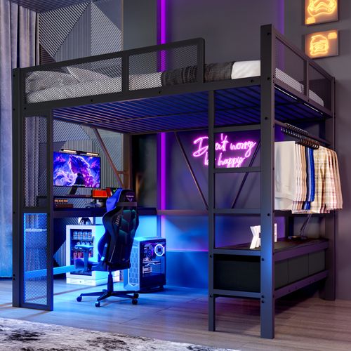 Lit Mezzanine 140 X 200 Cmavec Éclairage LED, Ports USB, Bureau, 3 Tiroirs Et Espace Penderie Noir