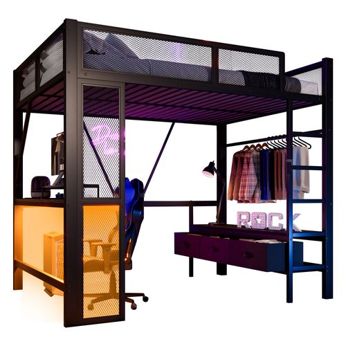 Lit Mezzanine 140 X 200 Cmavec Éclairage LED, Ports USB, Bureau, 3 Tiroirs Et Espace Penderie Noir