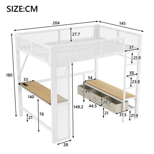 Lit Mezzanine 140 X 200 Cmavec Éclairage LED, Ports USB, Bureau, 3 Tiroirs Et Espace Penderie Blanc