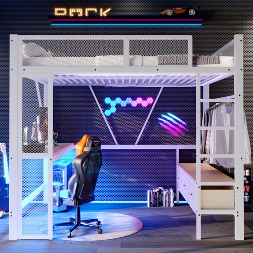 Lit Mezzanine 140 X 200 Cmavec Éclairage LED, Ports USB, Bureau, 3 Tiroirs Et Espace Penderie Blanc