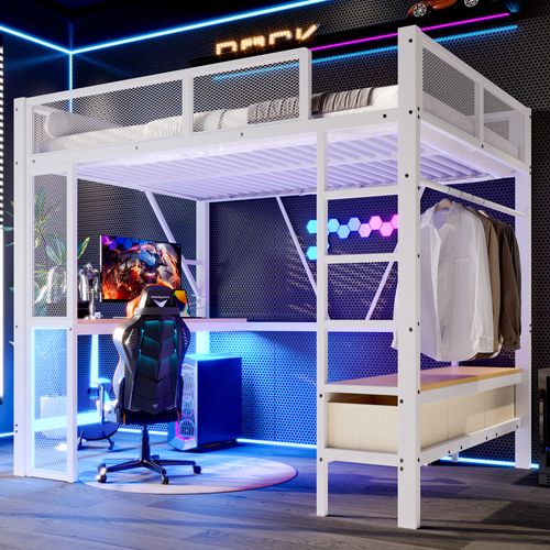 Lit Mezzanine 140 X 200 Cmavec Éclairage LED, Ports USB, Bureau, 3 Tiroirs Et Espace Penderie Blanc