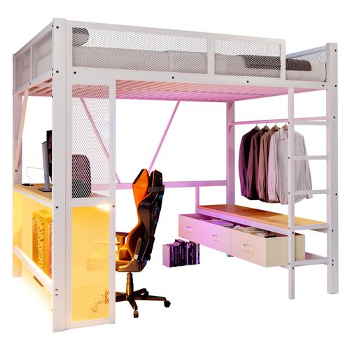 Lit Mezzanine 140 X 200 Cmavec Éclairage LED, Ports USB, Bureau, 3 Tiroirs Et Espace Penderie Blanc