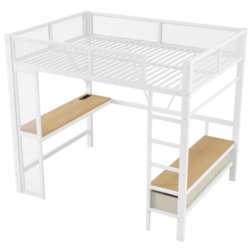 Lit Mezzanine 140 X 200 Cmavec Éclairage LED, Ports USB, Bureau, 3 Tiroirs Et Espace Penderie Blanc