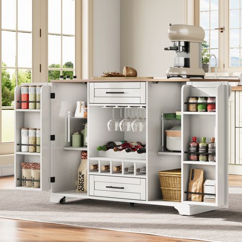 Ilot Central Cuisine Comptoir Avec 2 Portes, 2 Tiroirs Et Cave à Vin Blanc