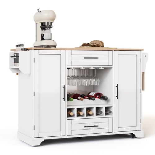 Ilot Central Cuisine Comptoir Avec 2 Portes, 2 Tiroirs Et Cave à Vin Blanc