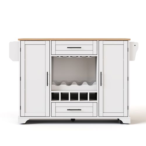 Ilot Central Cuisine Comptoir Avec 2 Portes, 2 Tiroirs Et Cave à Vin Blanc