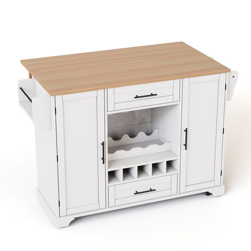 Ilot Central Cuisine Comptoir Avec 2 Portes, 2 Tiroirs Et Cave à Vin Blanc