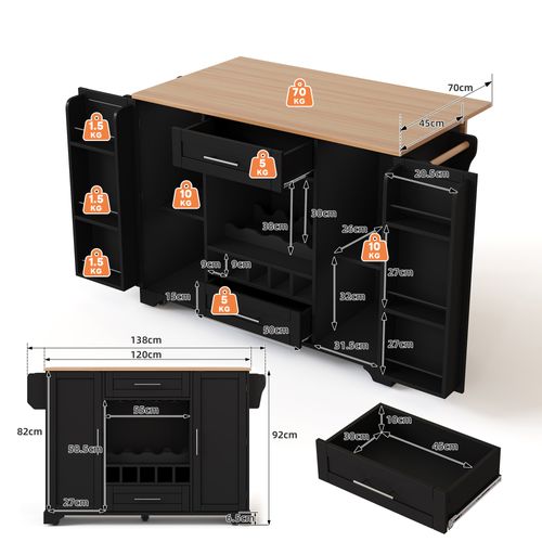 Ilot Central Cuisine Comptoir Avec 2 Portes, 2 Tiroirs Et Cave à Vin Noir