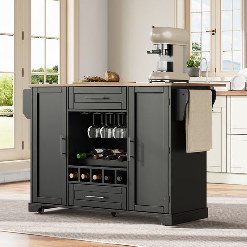 Ilot Central Cuisine Comptoir Avec 2 Portes, 2 Tiroirs Et Cave à Vin Noir