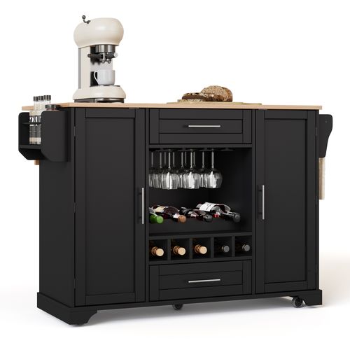 Ilot Central Cuisine Comptoir Avec 2 Portes, 2 Tiroirs Et Cave à Vin Noir