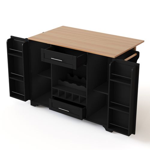 Ilot Central Cuisine Comptoir Avec 2 Portes, 2 Tiroirs Et Cave à Vin Noir