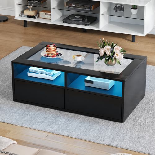 Table Basse Avec LED, 2 Tiroirs Et 2 Niches Noir