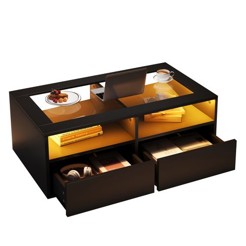 Table Basse Avec LED, 2 Tiroirs Et 2 Niches Noir