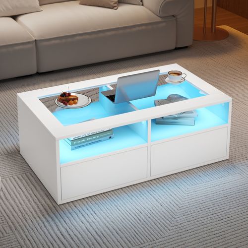 Table Basse Avec LED, 2 Tiroirs Et 2 Niches Blanc