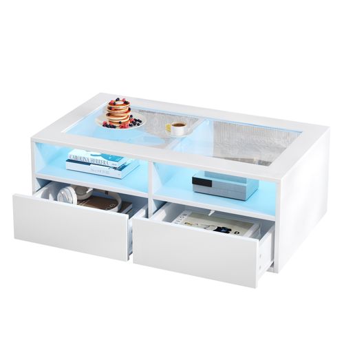Table Basse Avec LED, 2 Tiroirs Et 2 Niches Blanc
