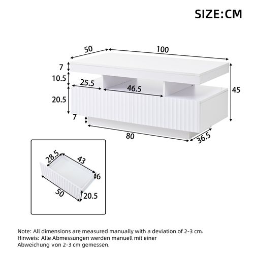 Table Basse Avec LED, 2 Tiroirs Et 3 Niches Blanc
