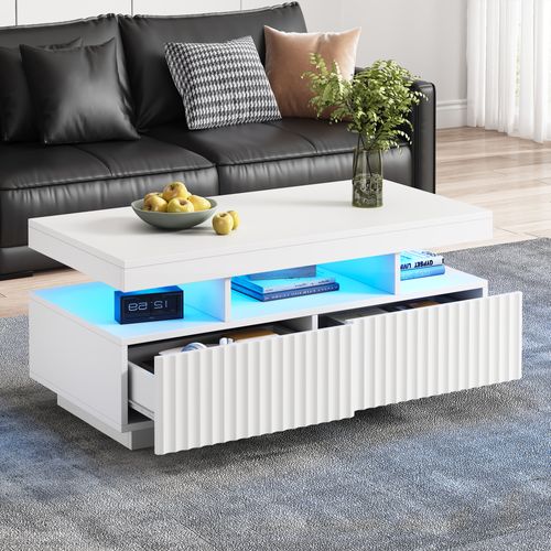 Table Basse Avec LED, 2 Tiroirs Et 3 Niches Blanc