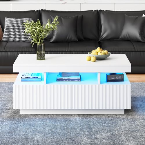 Table Basse Avec LED, 2 Tiroirs Et 3 Niches Blanc