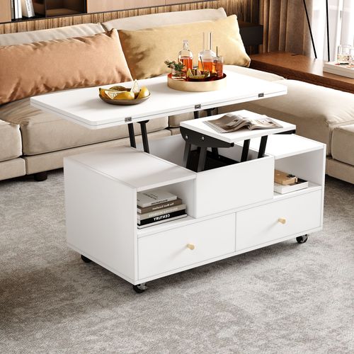 Table Basse Avec Plateau Relevable, 2 Tiroirs Et 2 Niches Blanc