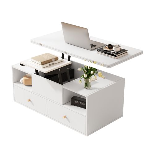 Table Basse Avec Plateau Relevable, 2 Tiroirs Et 2 Niches Blanc